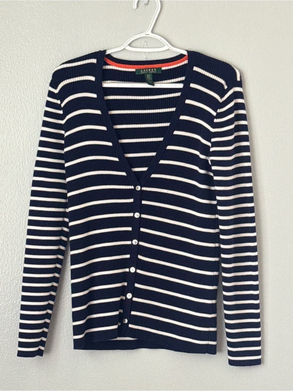 Lauren Ralph Lauren Navy & White Striped Ribbed Cardigan Size Small
